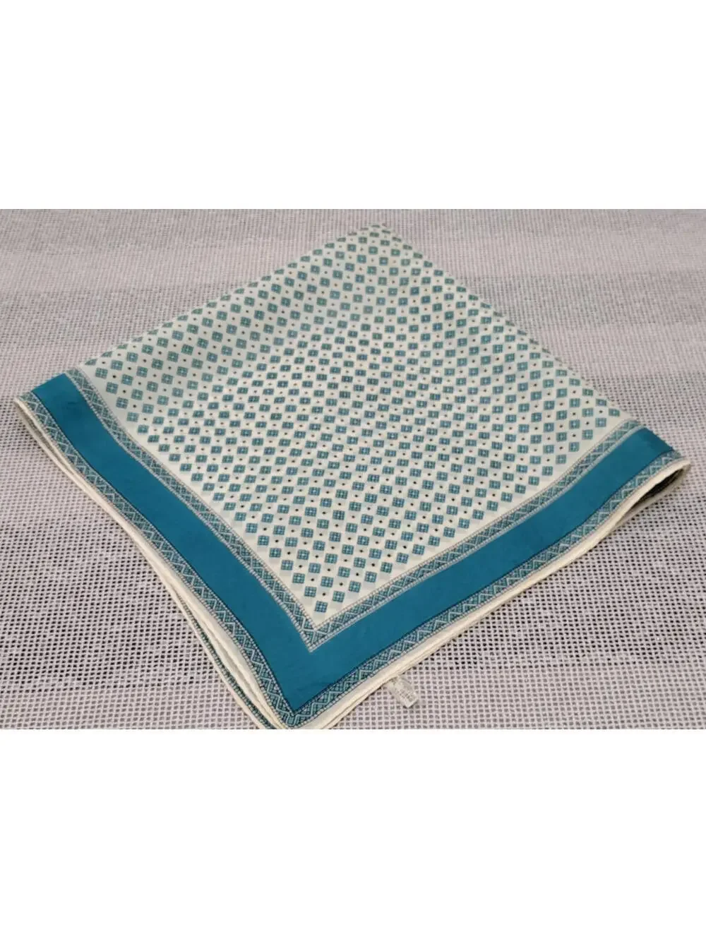 Vintage 1950s Neck Scarf Tiny Tetris Squares Teal Turquoise Rayon Unisex Scarf